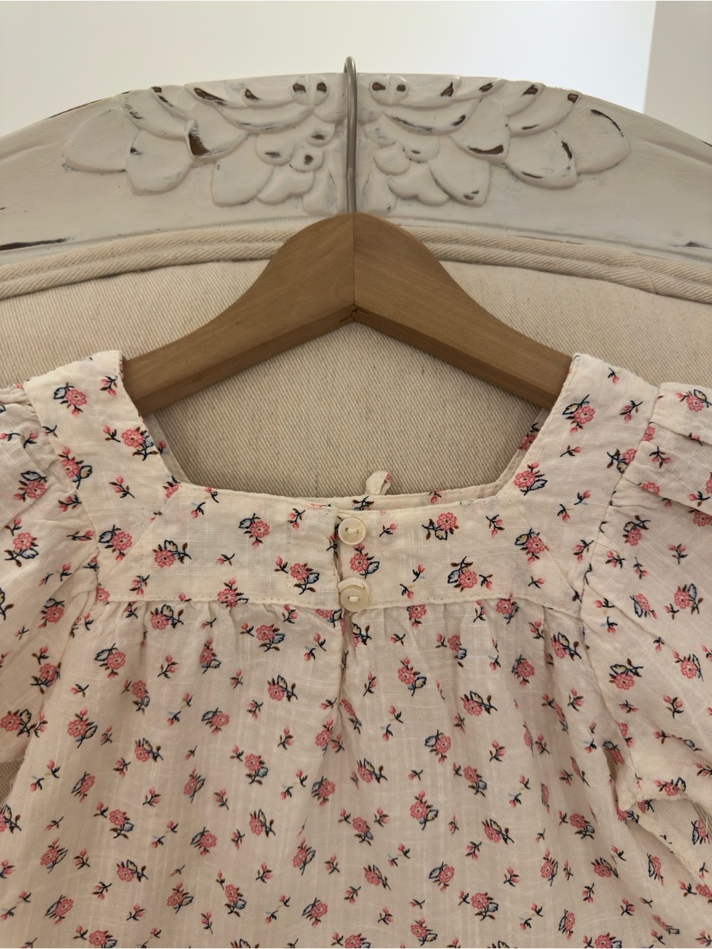 🤍 18~24 Mth Old Navy Cream Boho Ruffle Baby Dress with Pink Floral Print NWT - Picture 8 of 14